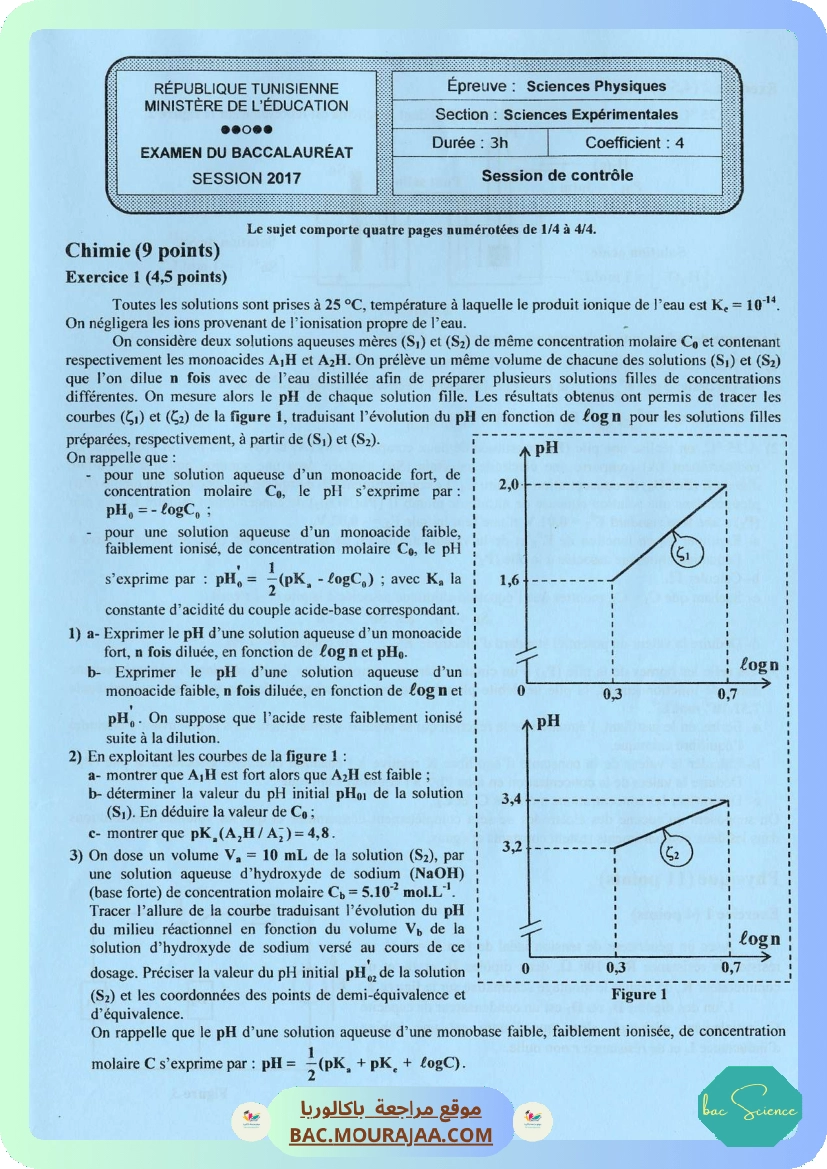 Sujet controle physique Bac 2017 – Section science
